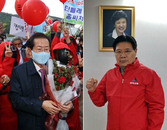 국민의힘 대선 경선 후보인 홍준표(왼쪽) 의원과 홍준표 캠프에 22일 합류한 홍문종(오른쪽) 친박신당 대표.연합뉴스 사진, 친박신당 홈페이지
